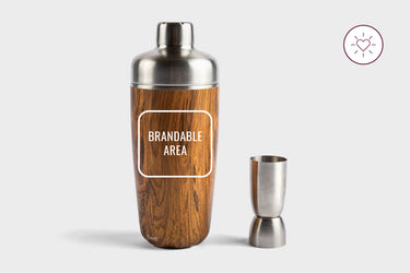 Stainless steel cocktail shaker with a wood-grain finish and brandable area